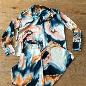 Fashion Nova Marble Print Satin Shirt and Pants Set in Blue, Peach, White
